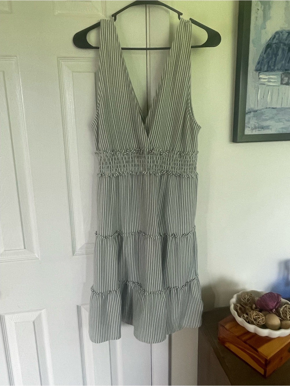 American Eagle Striped V-Neck Tiered Sundress in Light Green M